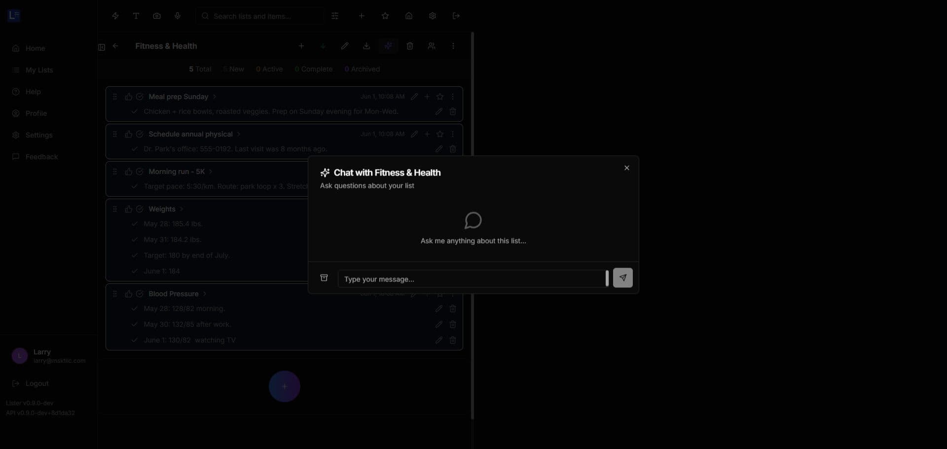 Ask AI about a selected MyLister list in dark mode