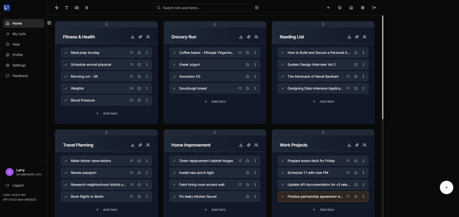 MyLister home in dark mode showing organized lists