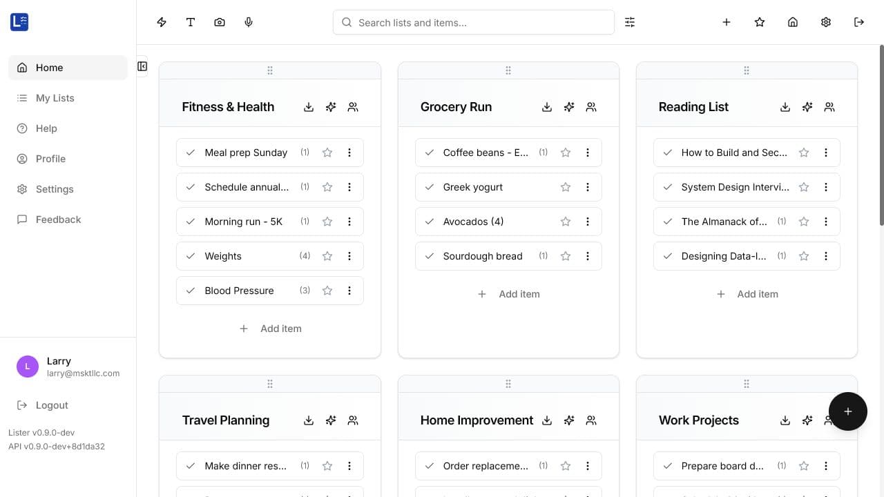 MyLister home showing grocery, reading, health, home, and work lists
