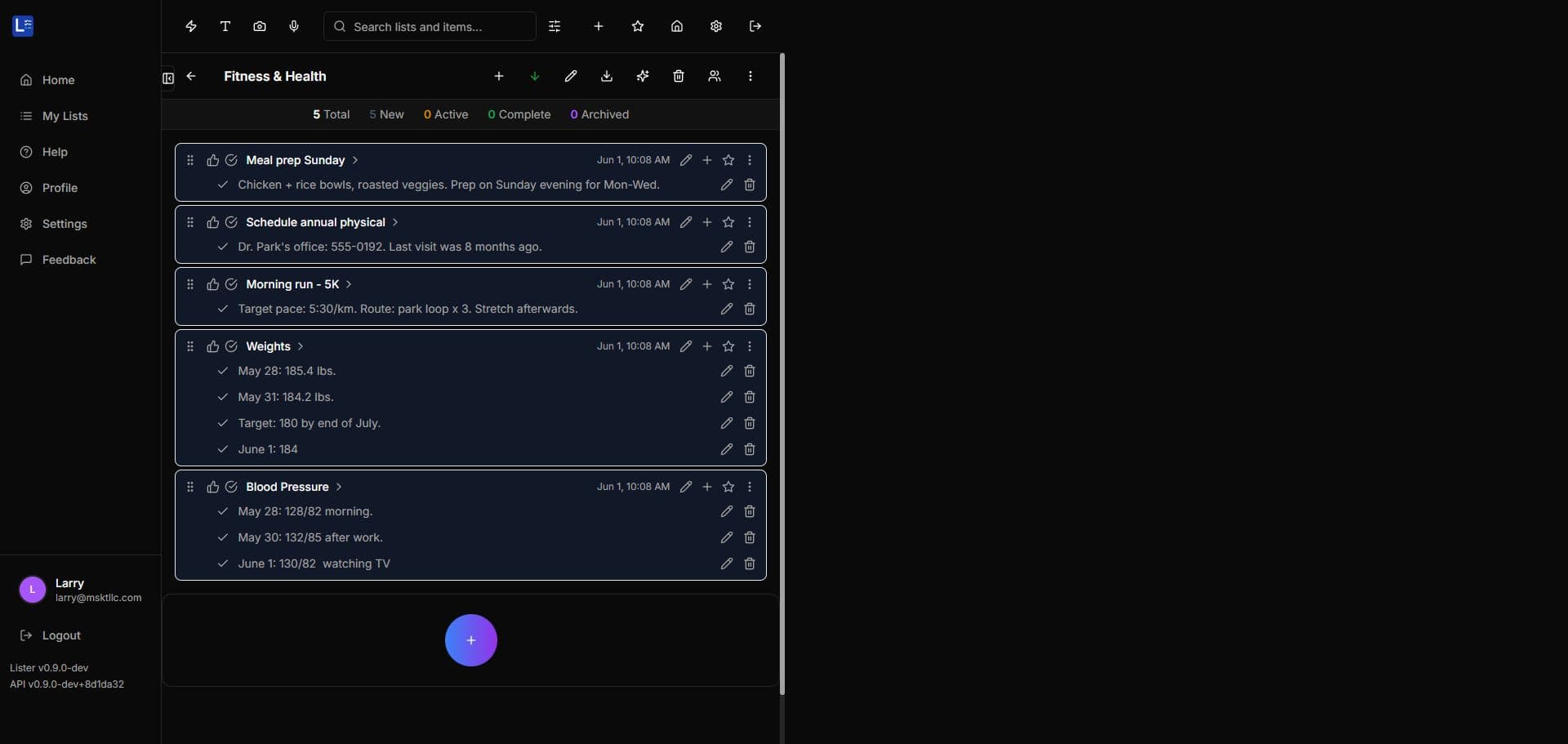 A detailed MyLister project list in dark mode