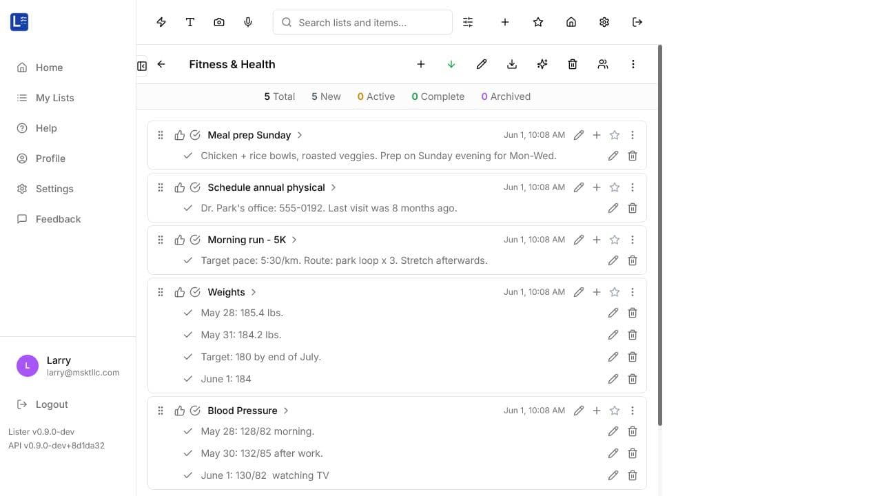 A detailed MyLister project list with item status and notes